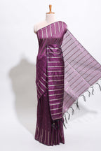 Borderless violet vertical zari striped and polka tussar saree with matching blouse