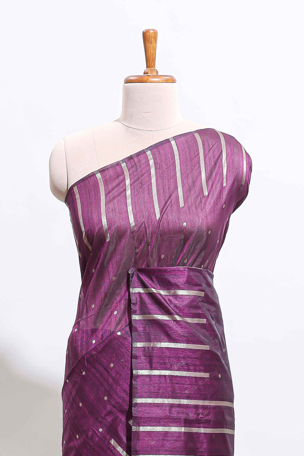 Borderless violet vertical zari striped and polka tussar saree with matching blouse