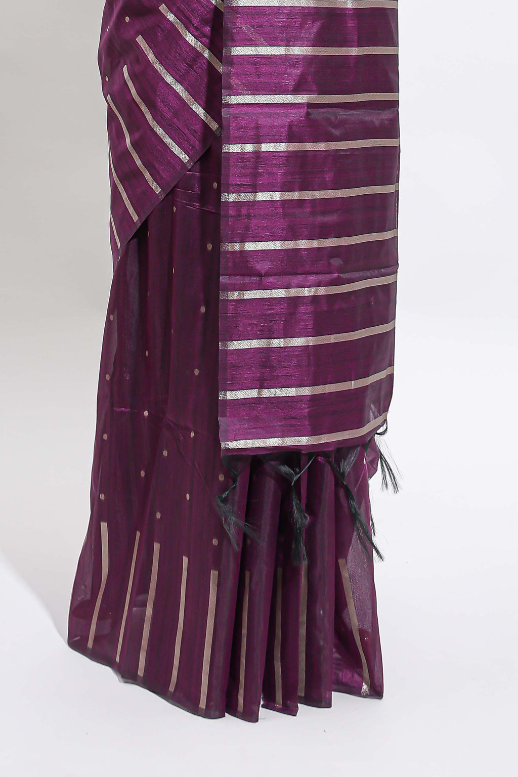 Borderless violet vertical zari striped and polka tussar saree with matching blouse