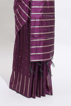 Borderless violet vertical zari striped and polka tussar saree with matching blouse