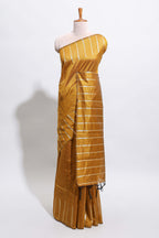Borderless mustard gold vertical zari striped and polka tussar saree with matching blouse