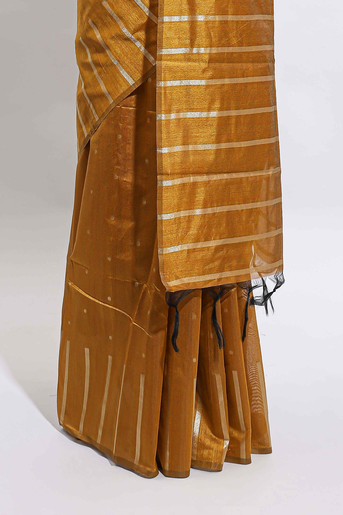 Borderless mustard gold vertical zari striped and polka tussar saree with matching blouse