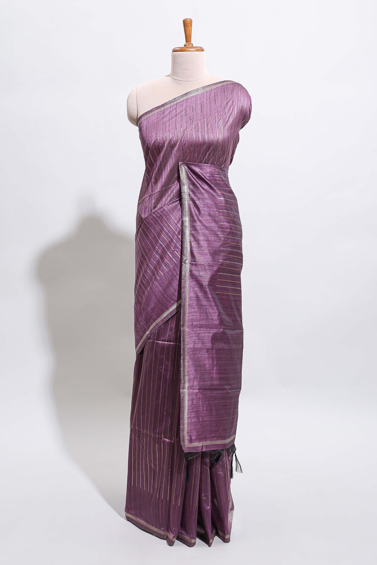 Borderless lavender zari striped tussar saree with self pallu and matching blouse