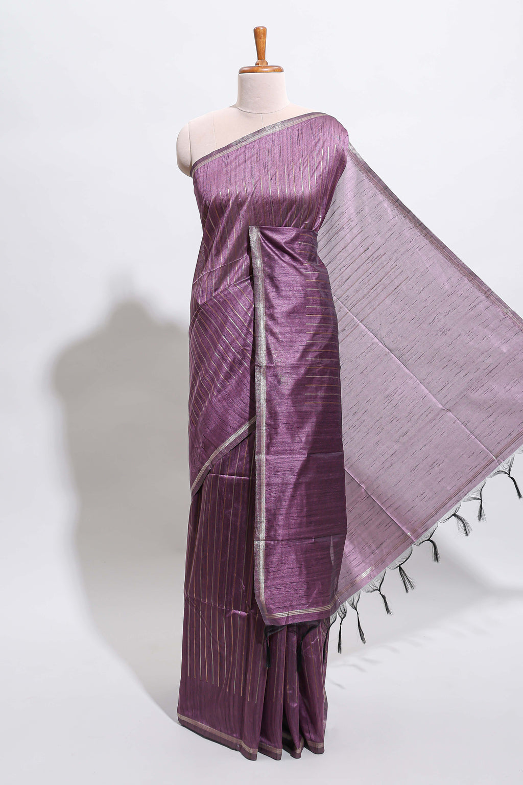 Borderless lavender zari striped tussar saree with self pallu and matching blouse