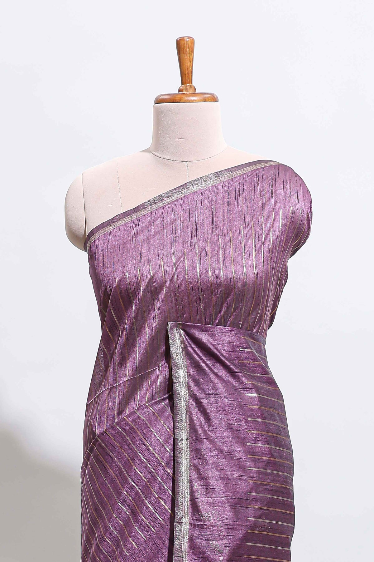 Borderless lavender zari striped tussar saree with self pallu and matching blouse