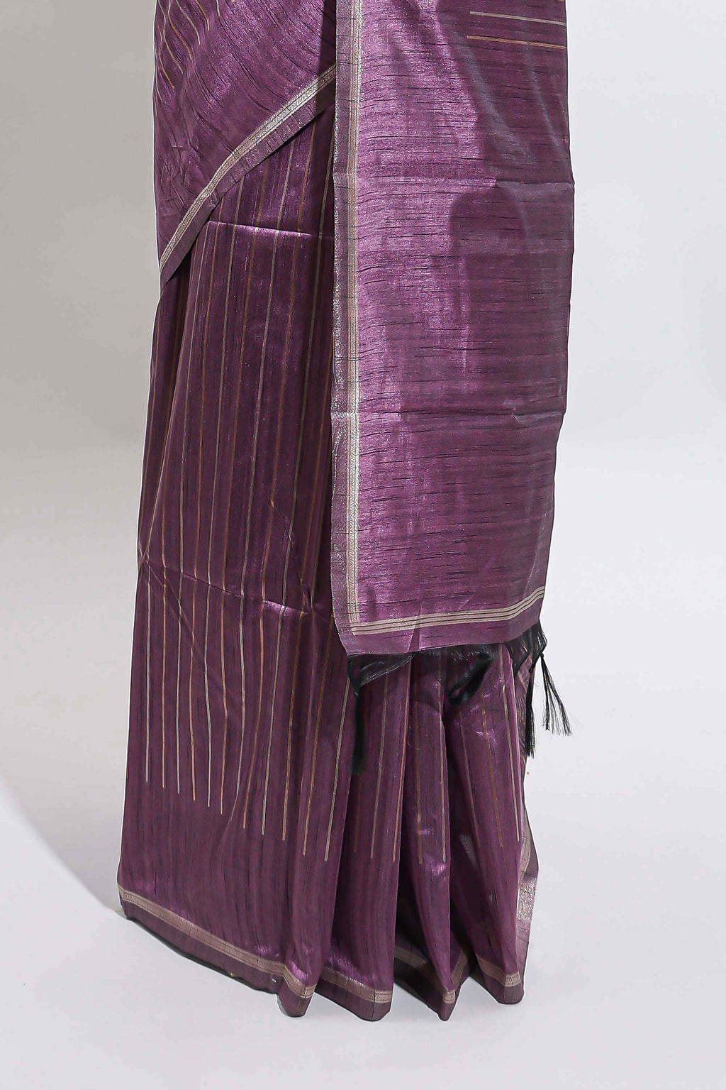 Borderless lavender zari striped tussar saree with self pallu and matching blouse