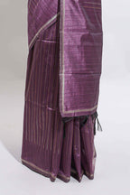 Borderless lavender zari striped tussar saree with self pallu and matching blouse