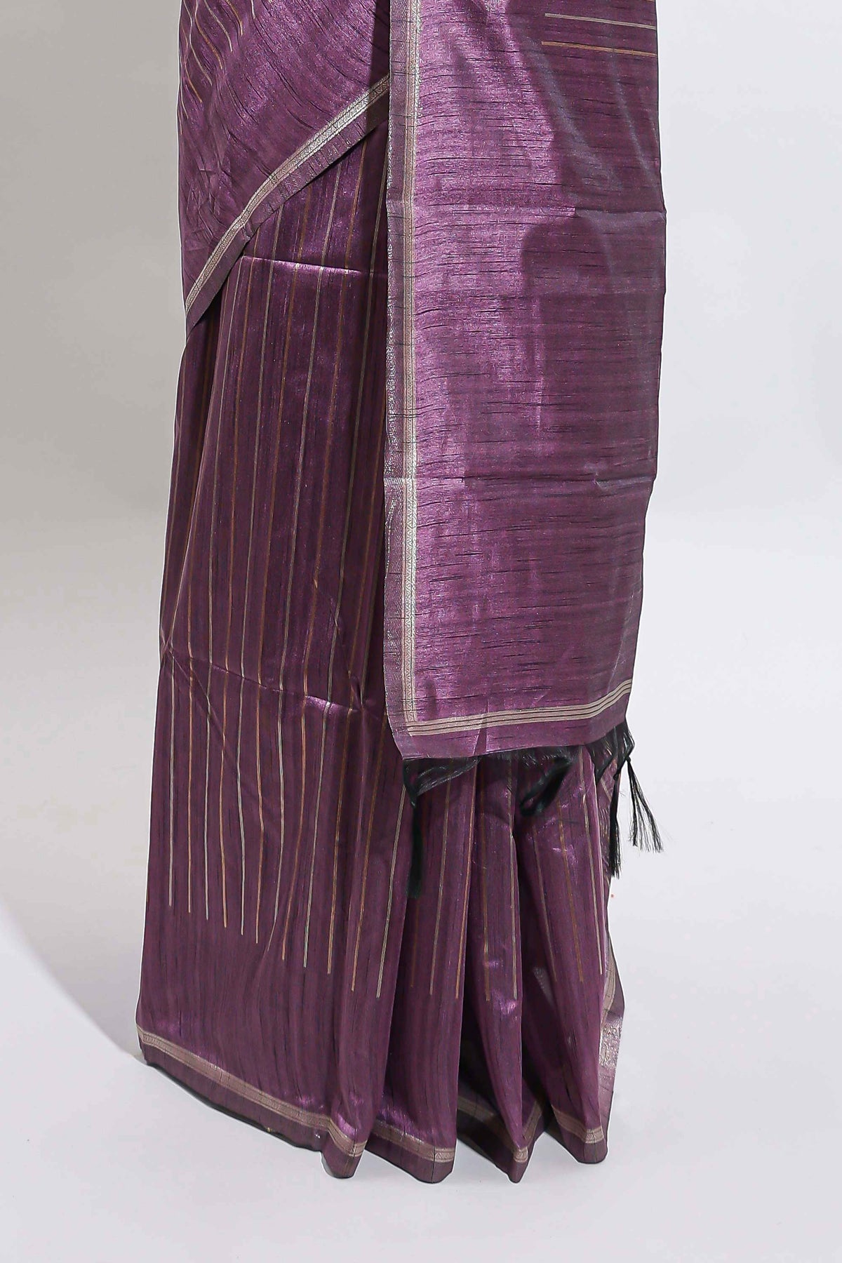 Borderless lavender zari striped tussar saree with self pallu and matching blouse