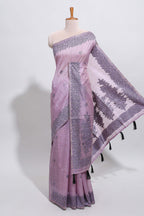 Lavender floral motifs tussar saree with self floral designed border and matching blouse