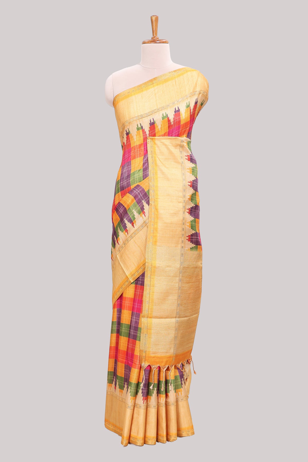 Multicolor checked tussar saree with contrast border and pallu that comes with matching blouse