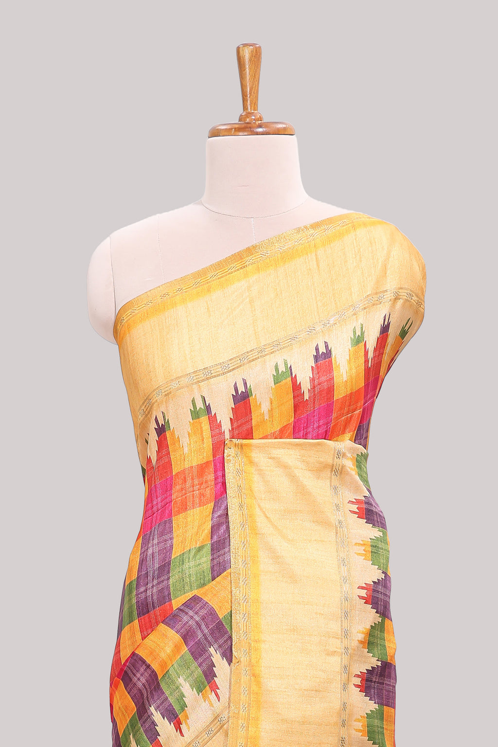 Multicolor checked tussar saree with contrast border and pallu that comes with matching blouse