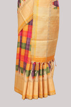 Multicolor checked tussar saree with contrast border and pallu that comes with matching blouse