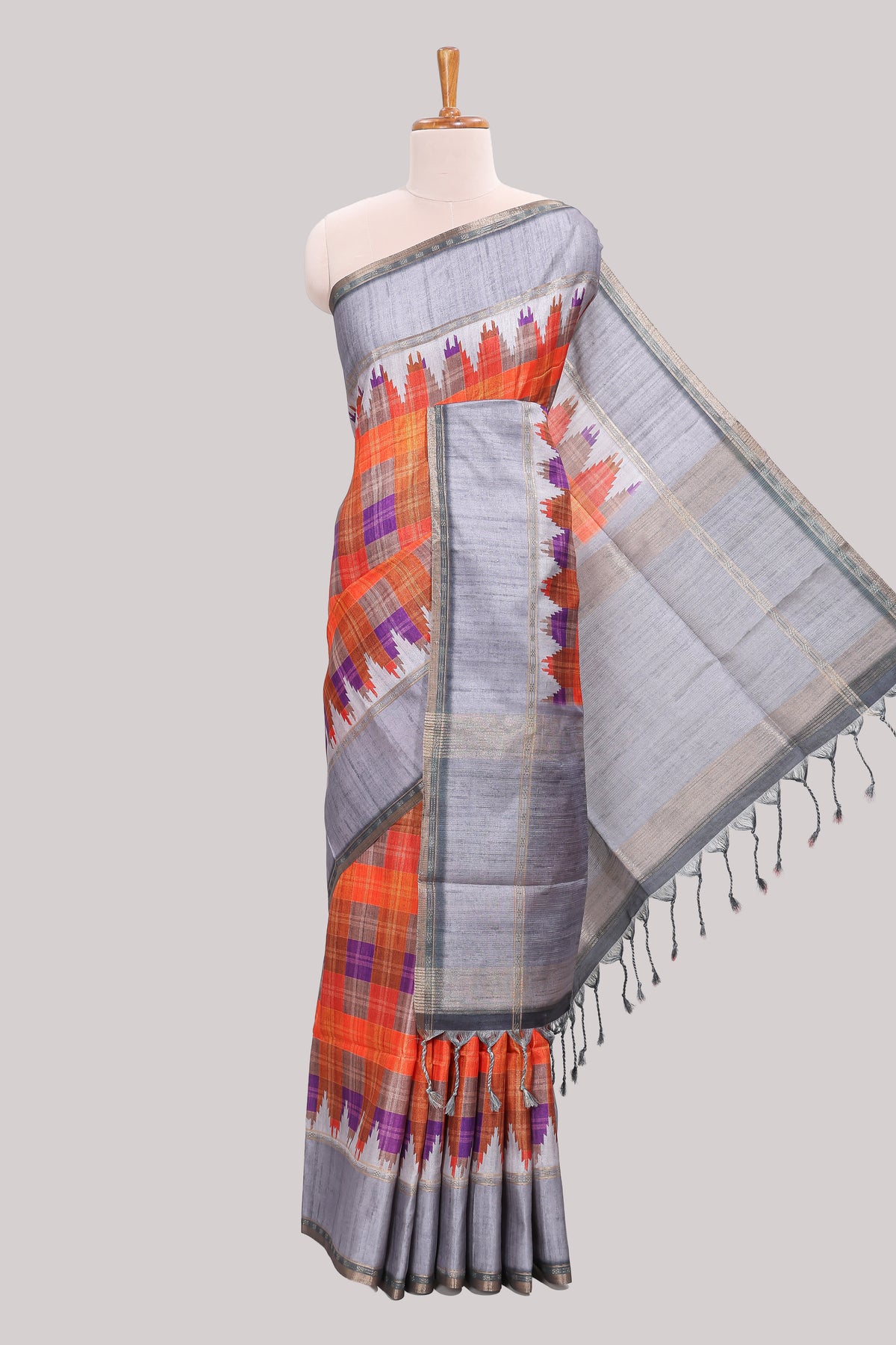 Multicolor checked tussar saree with contrast border and pallu that comes with matching blouse