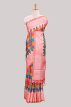 Multicolor checked tussar saree with peach contrast border and pallu that comes with matching blouse