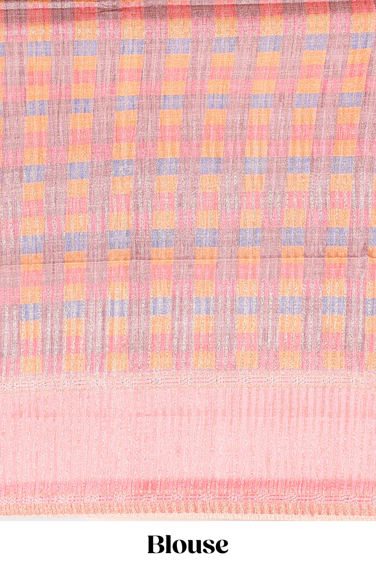 Multicolor checked tussar saree with peach contrast border and pallu that comes with matching blouse