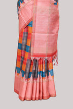Multicolor checked tussar saree with peach contrast border and pallu that comes with matching blouse