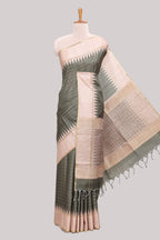 Moss green striped tussar saree with contrast border and pallu that comes with blouse