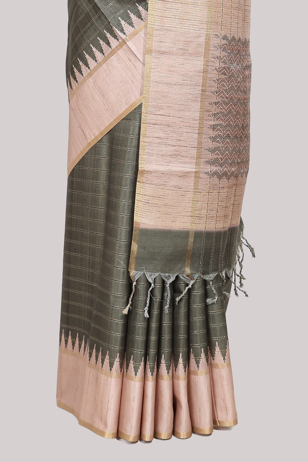 Moss green striped tussar saree with contrast border and pallu that comes with blouse
