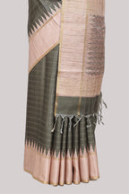 Moss green striped tussar saree with contrast border and pallu that comes with blouse