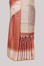Rust striped tussar saree with contrast border and pallu that comes with blouse