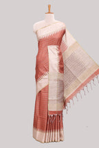 Rust striped tussar saree with contrast border and pallu that comes with blouse