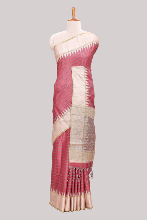 Rose pink striped tussar saree with contrast border and pallu that comes with blouse