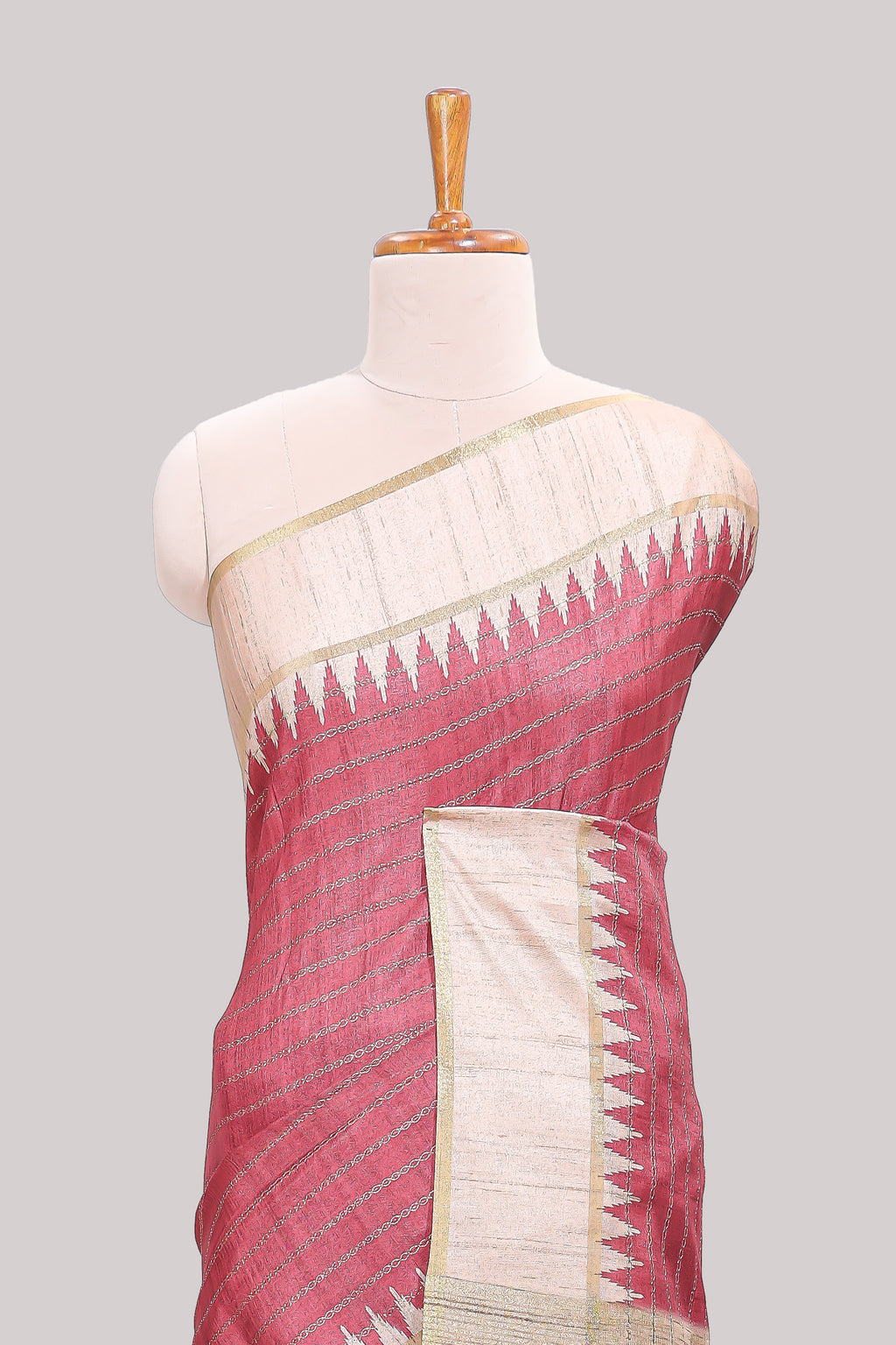 Rose pink striped tussar saree with contrast border and pallu that comes with blouse
