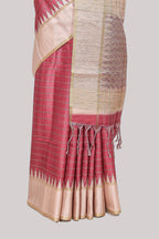 Rose pink striped tussar saree with contrast border and pallu that comes with blouse