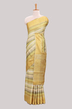 Lime yellow striped tussar saree with self border and pallu that comes with matching blouse