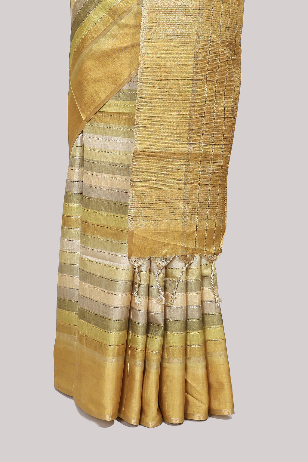 Lime yellow striped tussar saree with self border and pallu that comes with matching blouse