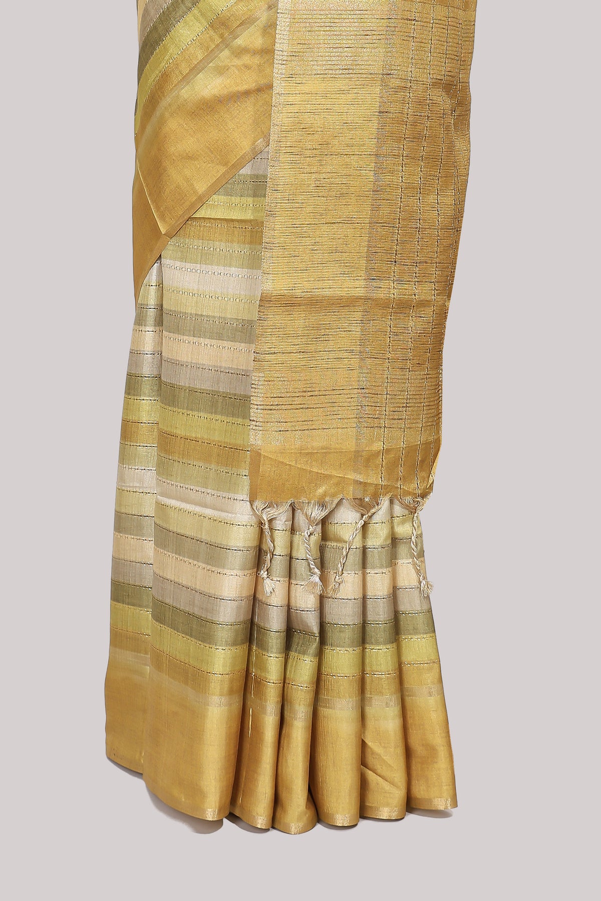 Lime yellow striped tussar saree with self border and pallu that comes with matching blouse