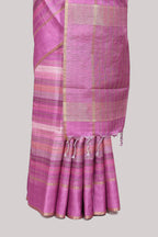 Pink striped tussar saree with self border and pallu that comes with matching blouse