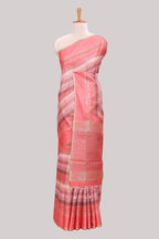 Peach striped tussar saree with self border and pallu that comes with matching blouse