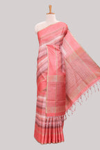 Peach striped tussar saree with self border and pallu that comes with matching blouse