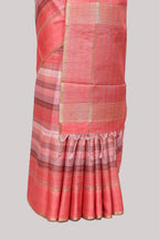 Peach striped tussar saree with self border and pallu that comes with matching blouse