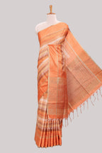 Orange striped tussar saree with self border and pallu that comes with matching blouse