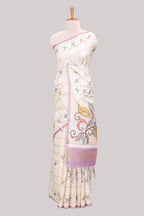 Off white checked tussar saree with contrast border and self pallu that comes with matching floral blouse