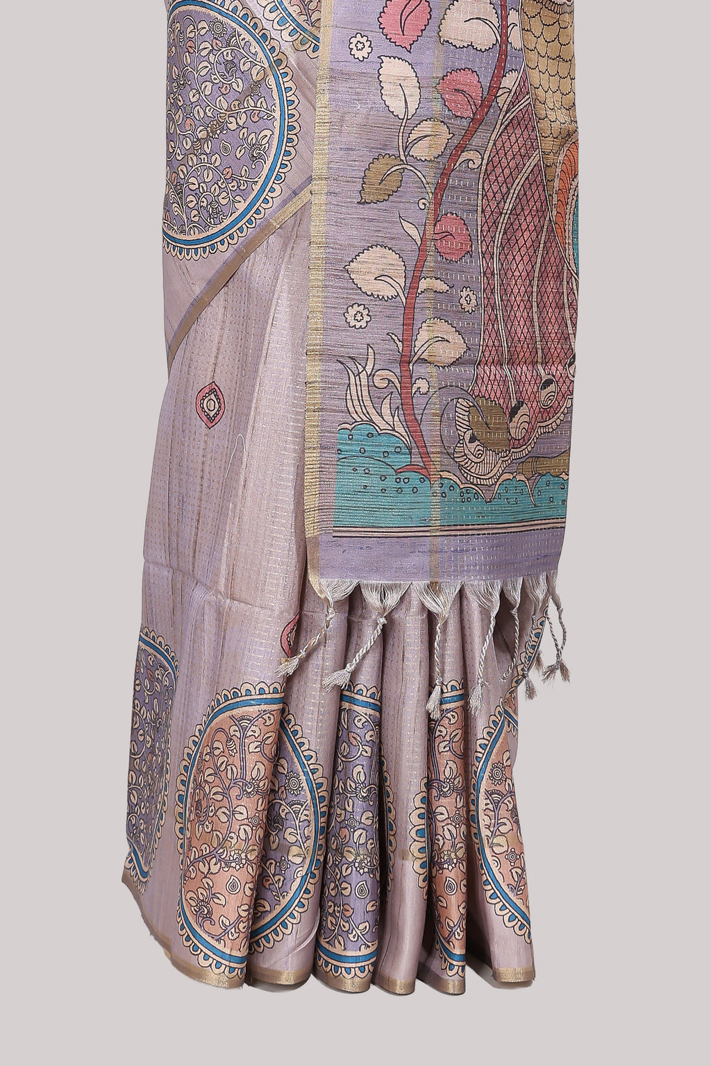 Lavender floral tussar saree with self border and pallu that comes with matching plain blouse