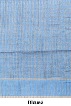 Blue striped tussar saree with self border and pallu that comes with matching blouse
