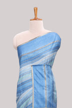 Blue striped tussar saree with self border and pallu that comes with matching blouse