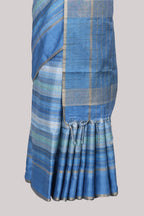 Blue striped tussar saree with self border and pallu that comes with matching blouse