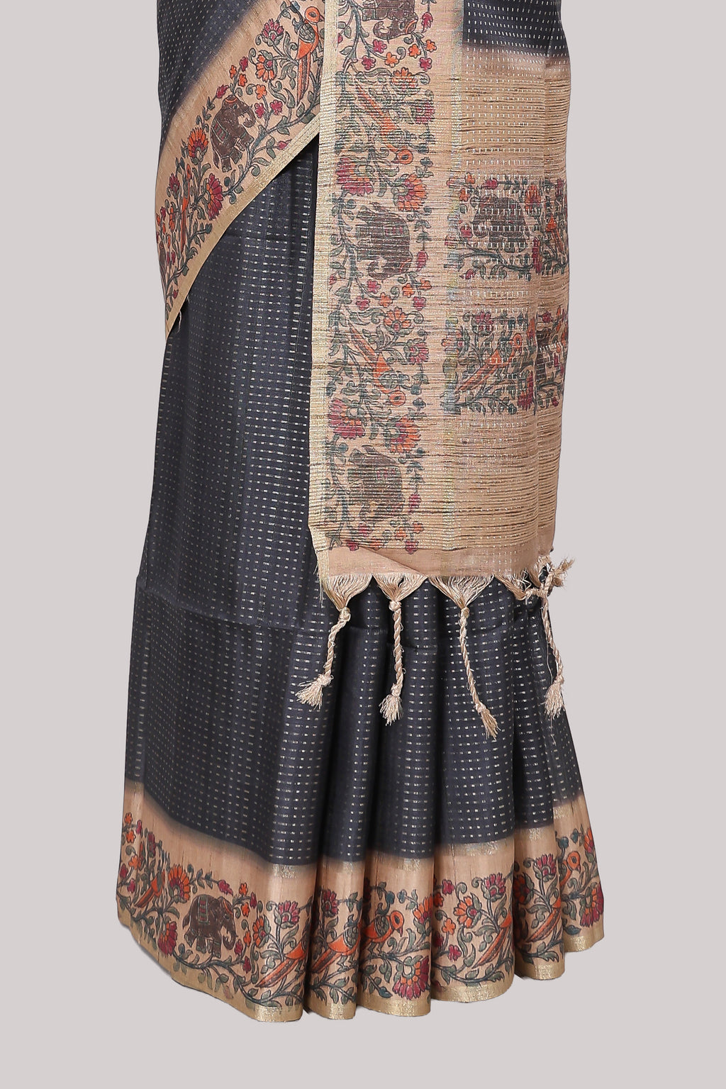 Black striped tussar saree with contrast border and pallu that comes with plain blouse