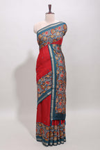 Maroon embroidery mirror work viscose georgette saree with contrast floral vine zari border and printed blouse