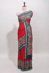 Maroon embroidery mirror work viscose georgette saree with contrast floral vine zari border and printed blouse