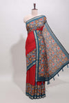Maroon embroidery mirror work viscose georgette saree with contrast floral vine zari border and printed blouse