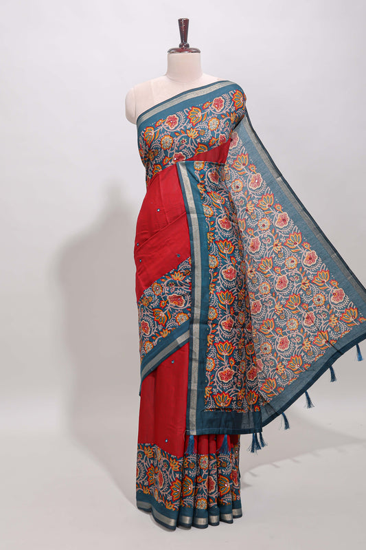 Maroon embroidery mirror work viscose georgette saree with contrast floral vine zari border and printed blouse