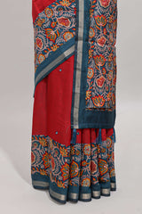 Maroon embroidery mirror work viscose georgette saree with contrast floral vine zari border and printed blouse