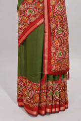 Green embroidery mirror work viscose georgette saree with contrast floral vine zari border and printed blouse
