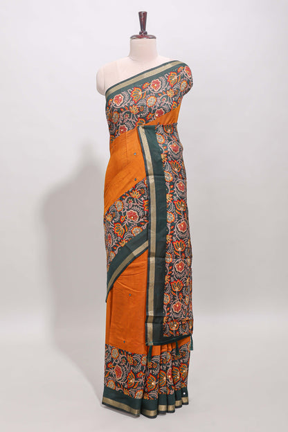Mustard yellow embroidery mirror work viscose georgette saree with contrast floral vine zari border and printed blouse
