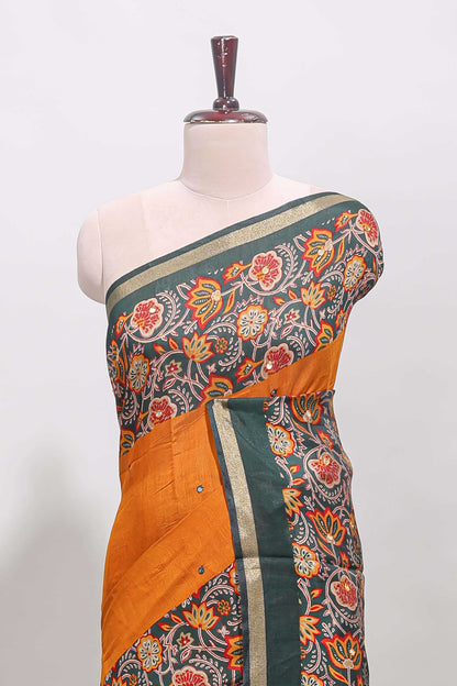 Mustard yellow embroidery mirror work viscose georgette saree with contrast floral vine zari border and printed blouse